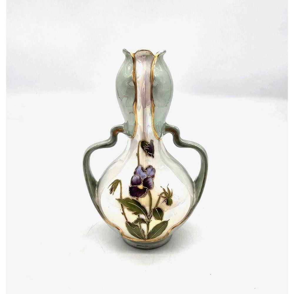 Vintage Germany fine porcelain floral pattern bud flower vase gold trim IRIS